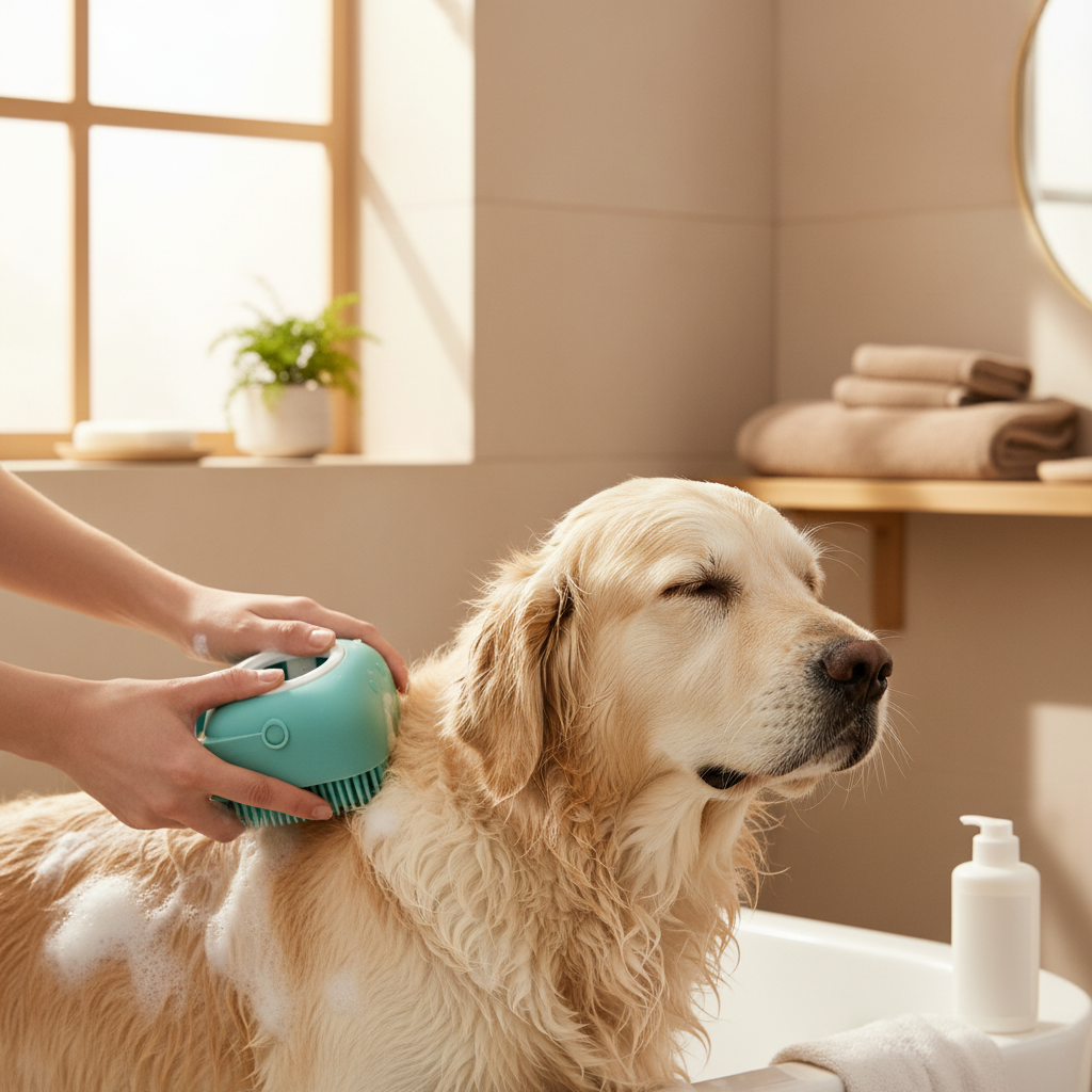 Brosse à shampoing pour chien en utilisation