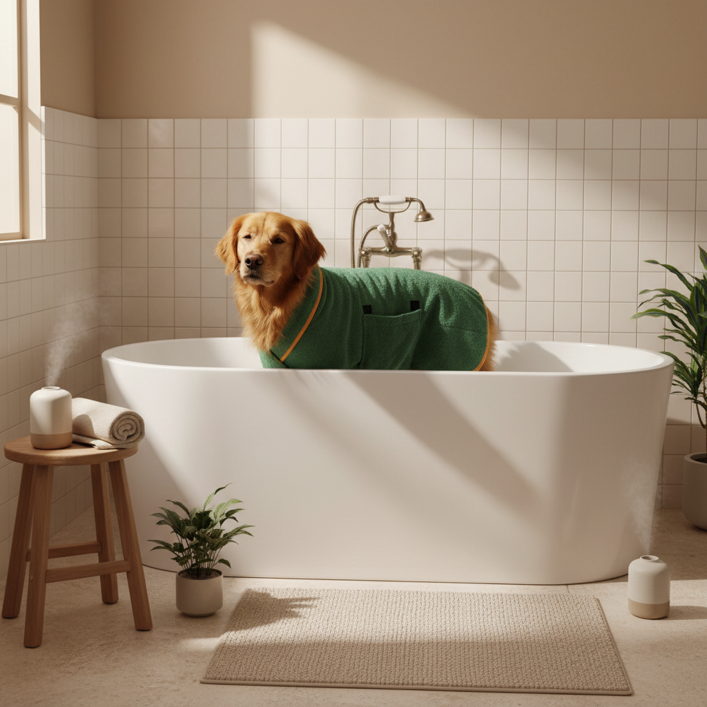 Chien en peignoir dans baignoire - séchage rapide après bain